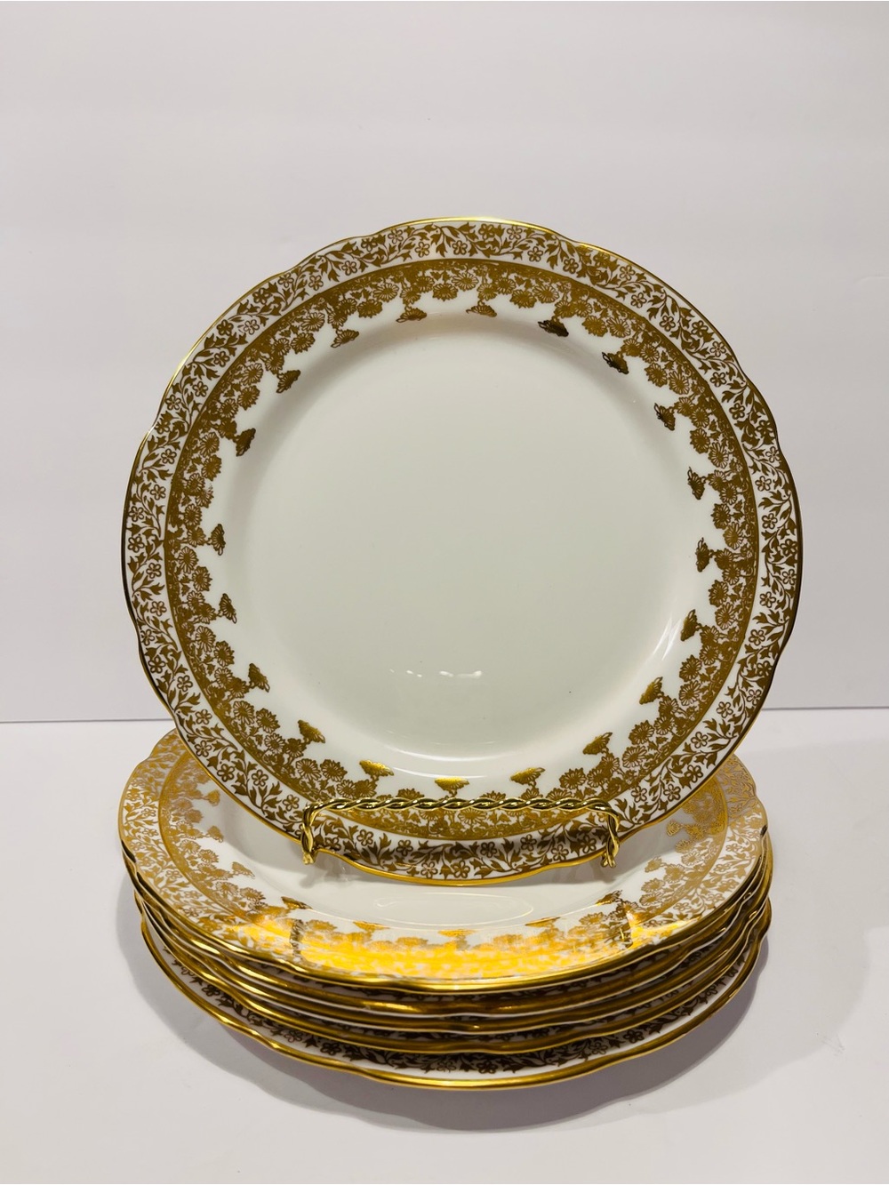 Vintage Royal Stafford Gold Regent Filigree Salad Plates Set of 6 Scalloped Rim